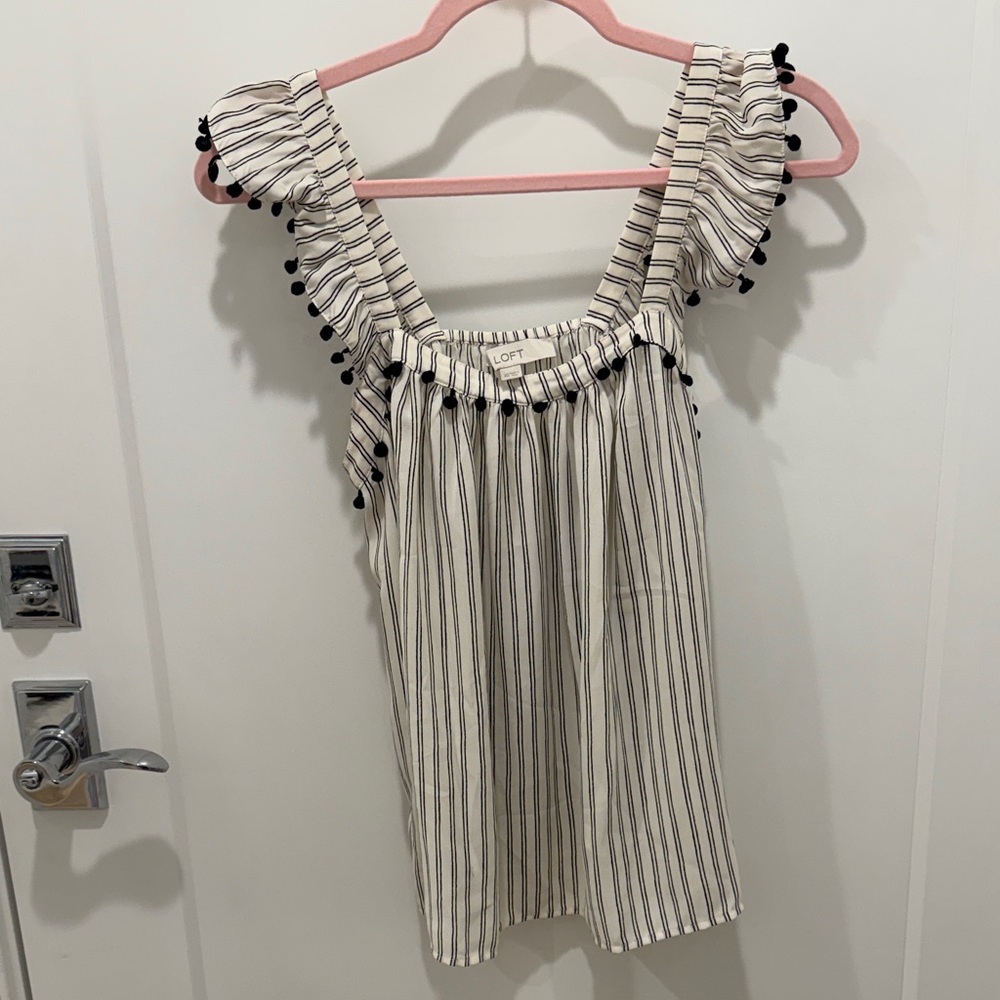 LOFT Cream Striped Tank with Black Pom-Pom Trim